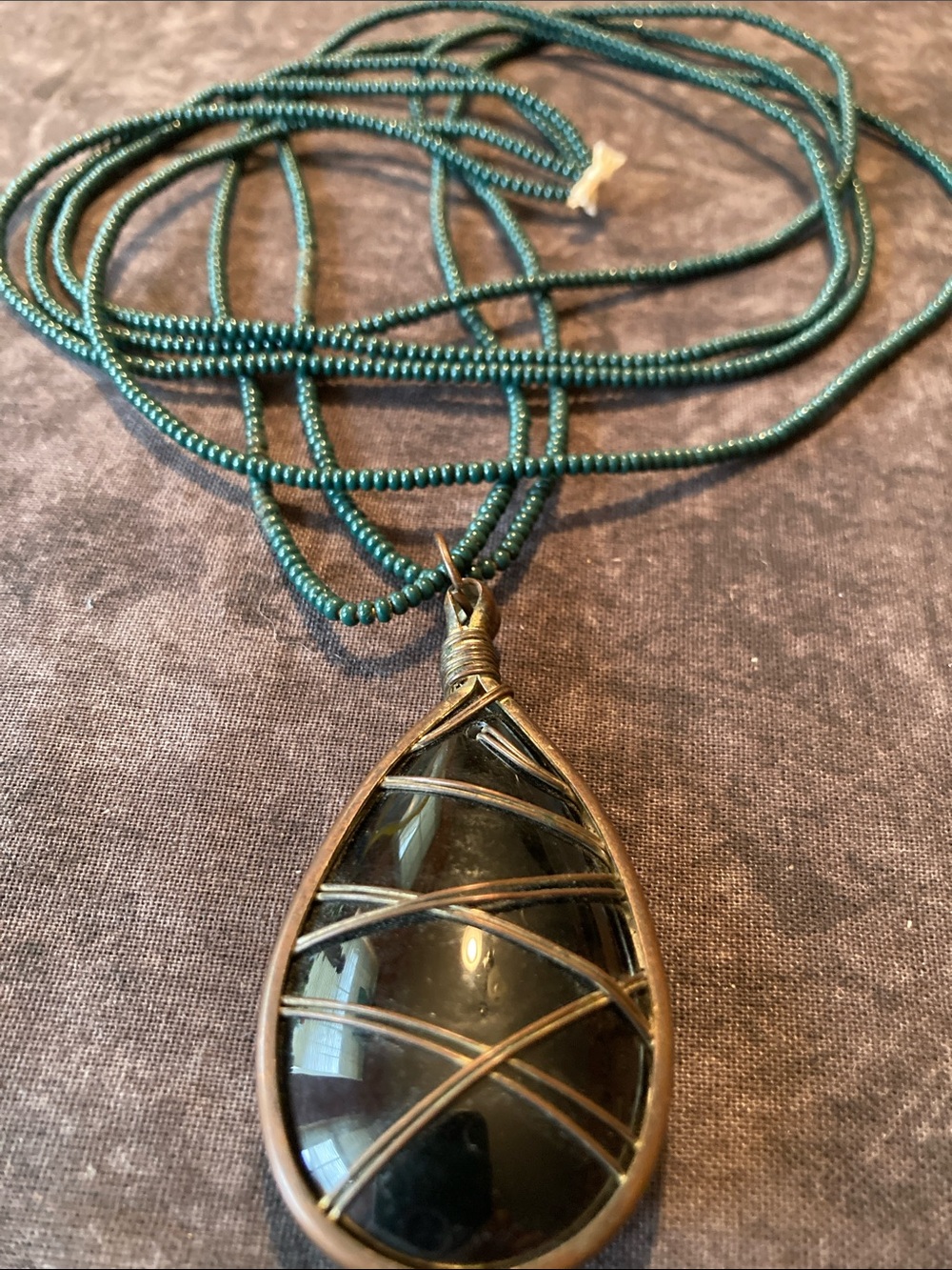 Boho Teardrop Black Glass/Resin Pendant Necklace with Green Bead Cord